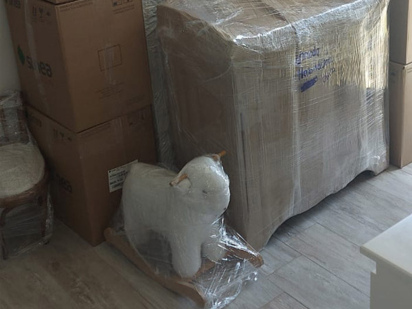 Pequeña oveja para montar y cajas embaladas, listas para ser transportadas por Saenz Mudanzas.